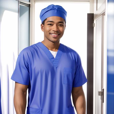 RAW photo, absurdres, high quality, photorealistic, sharp focus, 
a man wearing scrubs looking at viewer, smile, gloves, cap, 
indoors, hospital, hallway, 
photo realism, ultra-detailed, 50mm, f1. 4, 8k uhd, film grain, 
 <lora:nurse:1>