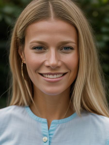 Realistic photo of a beautiful gwyn3thp-v2 woman,   1girl, solo, long hair, looking at viewer, smile, blue eyes, blonde hair, simple background, shirt, upper body, teeth, grin, lips, blue background, realistic, nose, soft lighting, professional Photography, Photorealistic, detailed, RAW, analog, sharp focus, 8k, HD, DSLR, high quality, Fujifilm XT3, film grain, award winning, masterpiece<lora:gwyn3thp-v2:1.0>