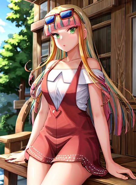 best quality, (masterpiece),(ultra-detailed), (high quality), (high resolution),<lora:add_detail:0.5> , <lora:risa-10:1>,risa, long hair, blonde hair, green eyes, multicolored hair, bangs, pink hair, blunt bangs, makeup, sunglasses