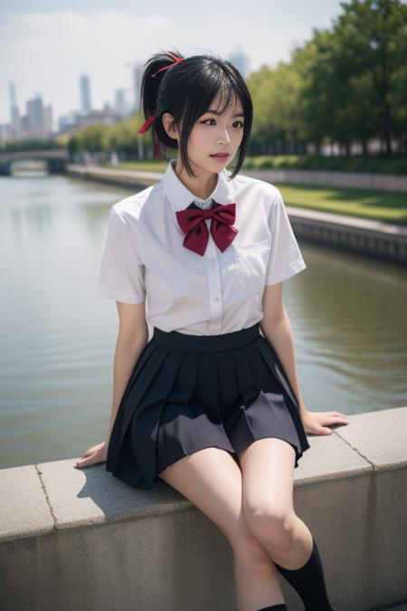 ltra-detailed,highly detailed,best quality,masterpiece,illustration,realistic,
miyamizu mitsuha, 1girl, solo,
black hair, ponytail, short hair,
school uniform, hair ribbon,bowtie,short sleeves, collared shirt, pleated skirt, socks, loafers,
sitting,looking at viewer,
outdoors, water, river, sky, bridge, city, cityscape, wind,parted lips, falling petals,
<lora:miyamizu mitsuha_v1_02:0.7>