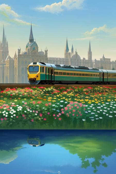 a photo of the nice Isometric_Dreams, a painting of a flower in a vase with a train on it's side and a building in the background