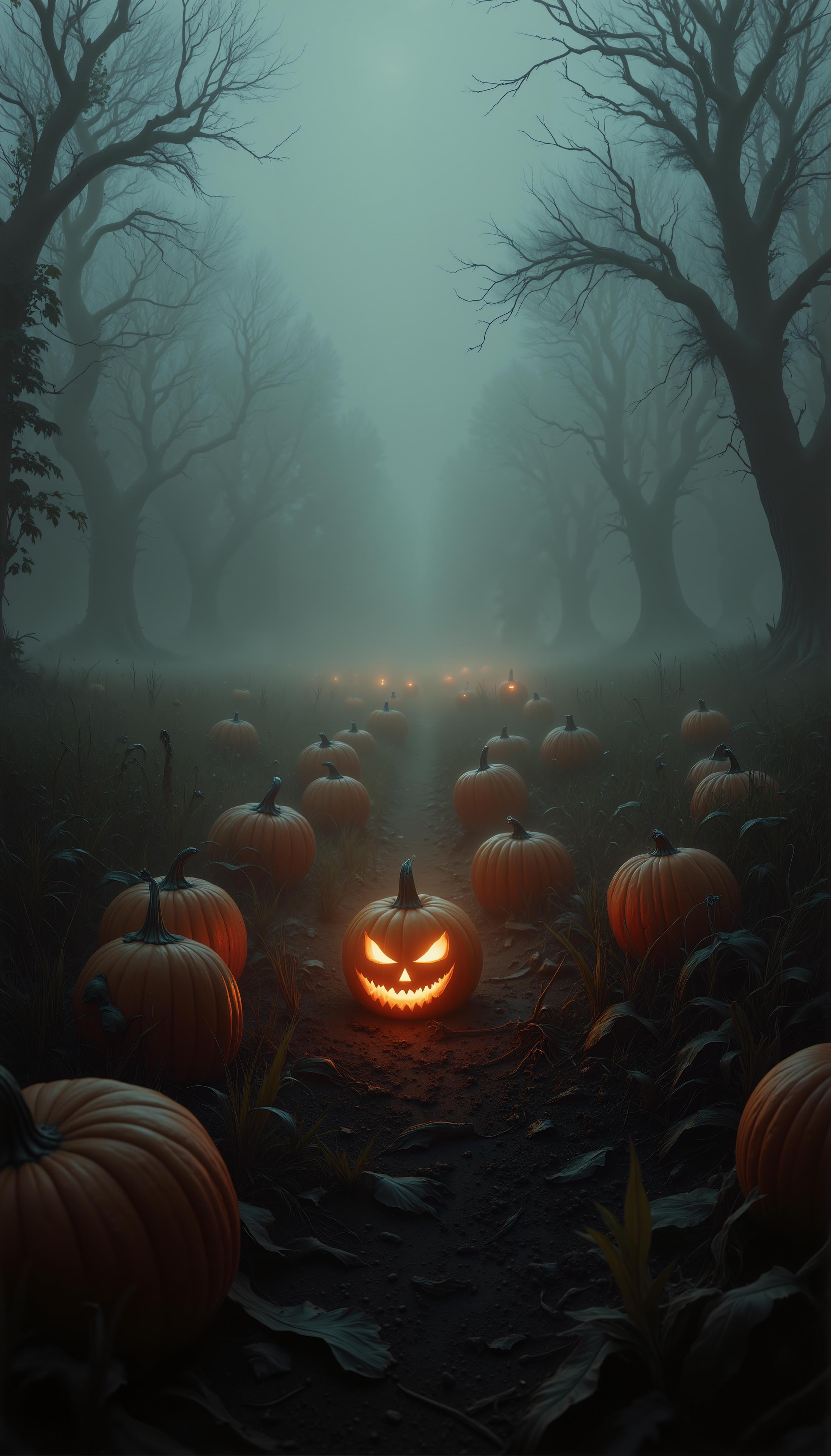 An eerie, fog-laden pumpkin patch stretching endlessly, with only one carved jack-o'-lantern casting an ominous glow from its mancing face, yet strangely devoid of visitors. Eerie landscape full of dark energy., <lora:Flux_Spooky_Lands_v1.1.safetensors:1.7:1.7>