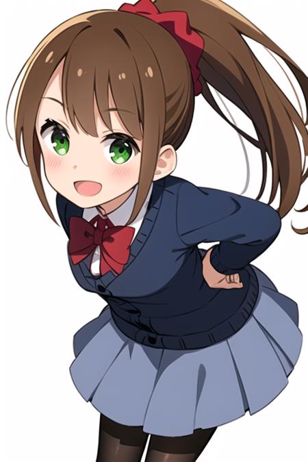 masterpiece, best quality, <lora:honshou_aru:0.7>  1girl, solo, long hair, looking at viewer, smile, open mouth, bangs, skirt, simple background, brown hair, shirt, hair ornament, long sleeves, white background, bow, school uniform, green eyes, standing, white shirt, ponytail, :d, pantyhose, pleated skirt, collared shirt, bowtie, red bow, black pantyhose, v, leaning forward, scrunchie, cardigan, red bowtie, grey skirt, hair scrunchie, blue cardigan