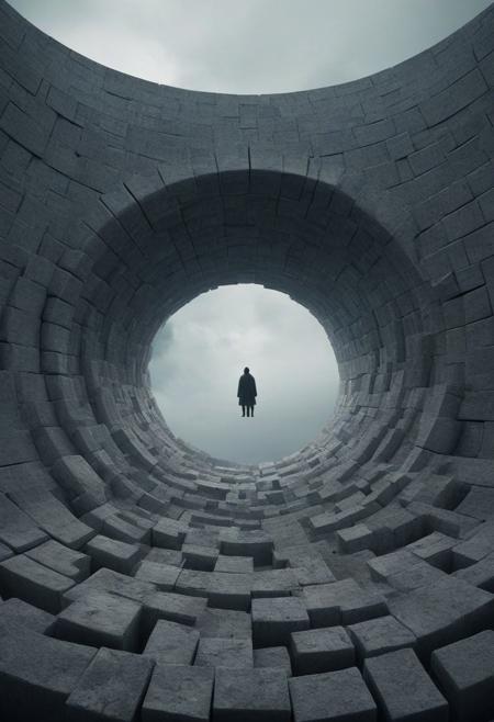 A massive, towering cube structure made up of interlocking stone blocks. At its center, there's a large, circular hole, seemingly carved out of the structure. A solitary figure stands in this hole, gazing into the abyss below. The backdrop is cloudy and moody, suggesting an otherworldly or surreal setting.