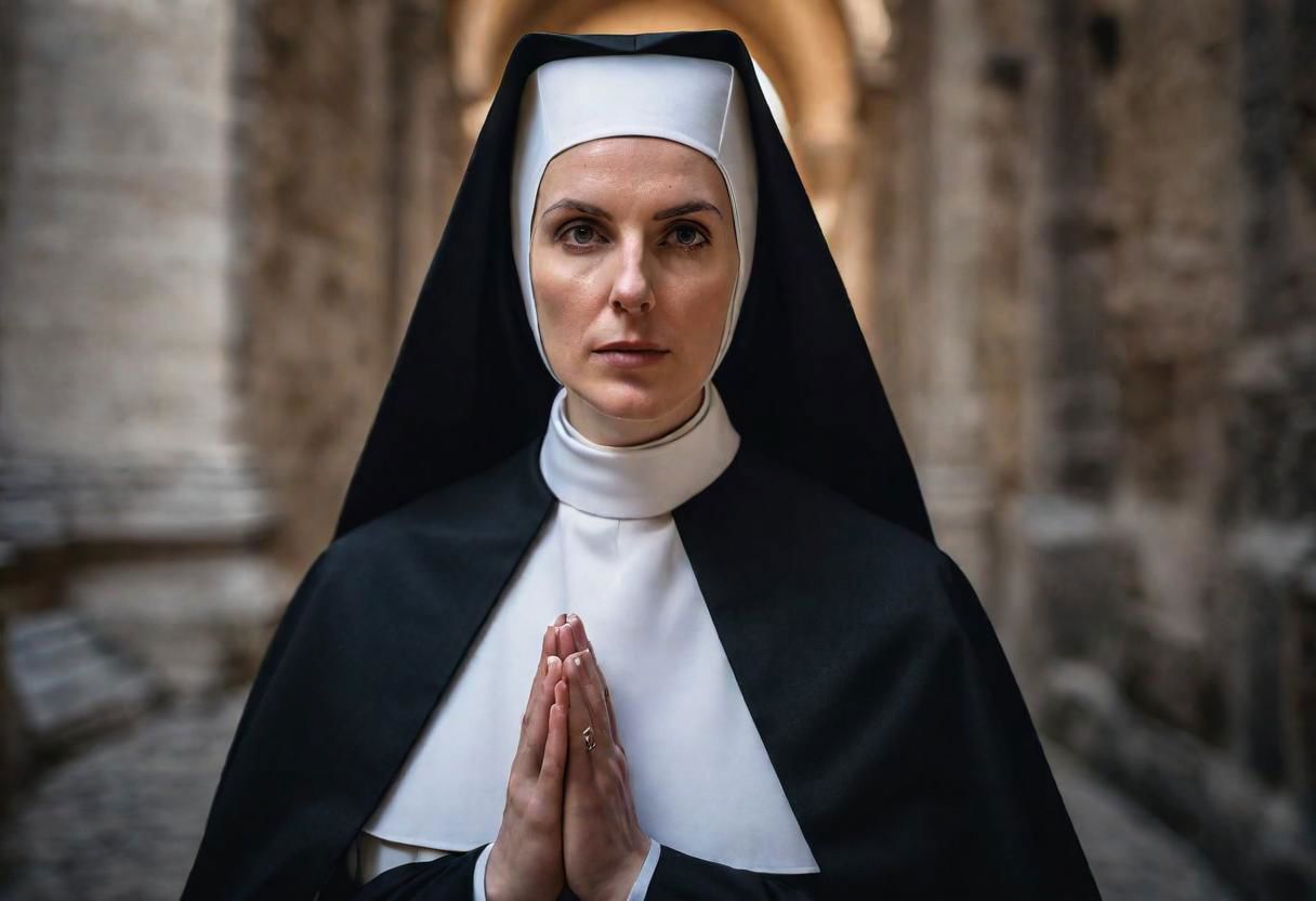 masterpiece, best quality, ultra highres, natural skin texture, brown hair, brown eyes, beautiful  30yo Nun of Monza (I Promessi Sposi), fierce expression, natural skin texture, ((1600's nun dress)), near a 1600 convent, Spring,  24mm, 8k textures, soft cinematic light, adobe lightroom, photolab, hdr, intricate, elegant, highly detailed, sharp focus, ((((cinematic look)))), soothing tones, insane details, intricate details, hyperdetailed, low contrast, soft cinematic light, dim colors, exposure blend, hdr, faded, full body, ((small eyes)), hyperealistic