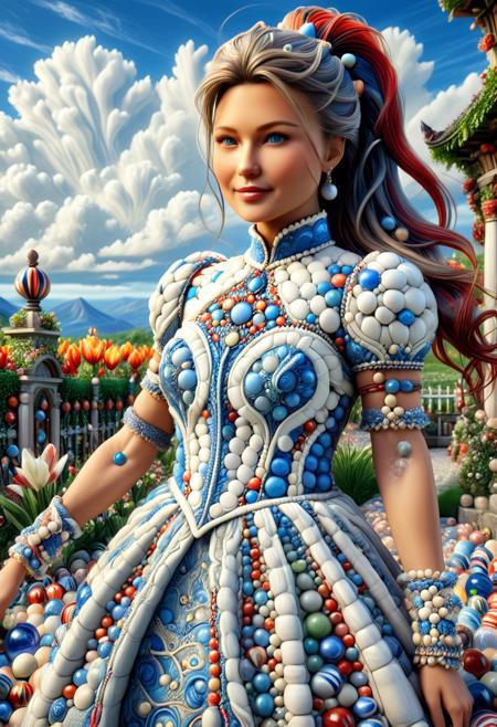 made of marbles, 1girl, (European female:2), score_9, score_8_up, score_7_up, score_6_up, score_5_up, score_4_up, UHD, 8K, masterpiece, detailed, ultra_high_resolution, lots of detail, OverallDetailXL, detailxl, ADD-DETAIL-XL, regalres, Masterpiece, 32k, photorealistic:1.4, female, tall, small waist, toned muscles, wide hips, slender legs, high cheekbones, oval face, 32 years old, mature female, makeup, pretty face, Merger_mari_parox, closed clothes, high neck closure, fully dressed, DV_S2_La_Texia_Vicious, (Victorian dress made of marbles), (high closure dress), (garden:1.6), (tulips:1.3), Kelly Hu , muscular body, long ponytail, red streaks in hair, thick lips, mega ponytail, big hair, wrinkles, smiling, long hair, blue eyes, (white:2.5), fully dressed, PG rating, (clouds made of marbles:2).