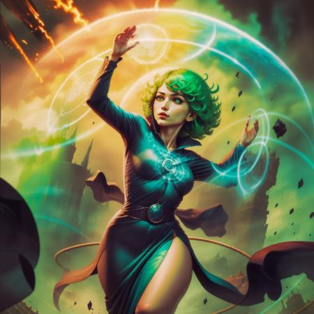 <lora:forcefield-10:0.9> forcefield, 1 short girl,1 arm raised,   magic circle,  <lora:opm_tatsumaki:0.85> tatsumaki, short wavy green hair, long sleeve black dress, bare legs, thighs