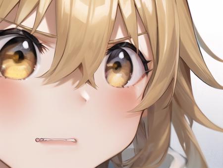 <lora:gununu-000010:1>, haroukitei kigurumi, joshiraku, gunuaki, 1girl, blonde hair, clenched teeth, close-up, parody, teeth, yellow eyes