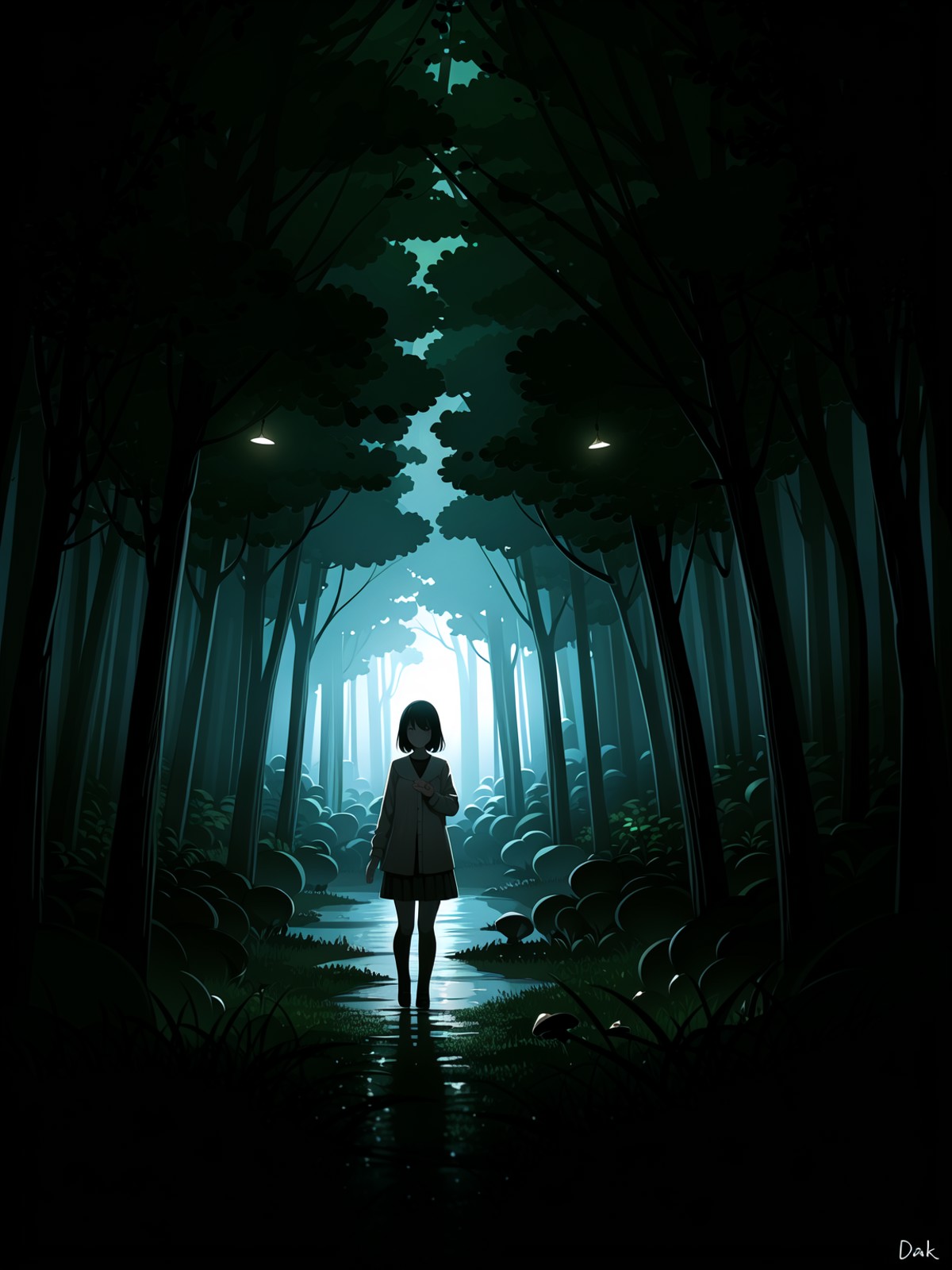 1girl, forest, night, mushroom, dark,breast hold,