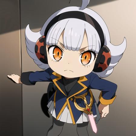 Dinosis short hair, ahoge, white hair, grey hair, hairband, orange eyes, headphones, blunt bangs long sleeves, jacket, blue footwear, grey pantyhose, blue jacket, white skirt, pleated skirt, boots, weapon, sword