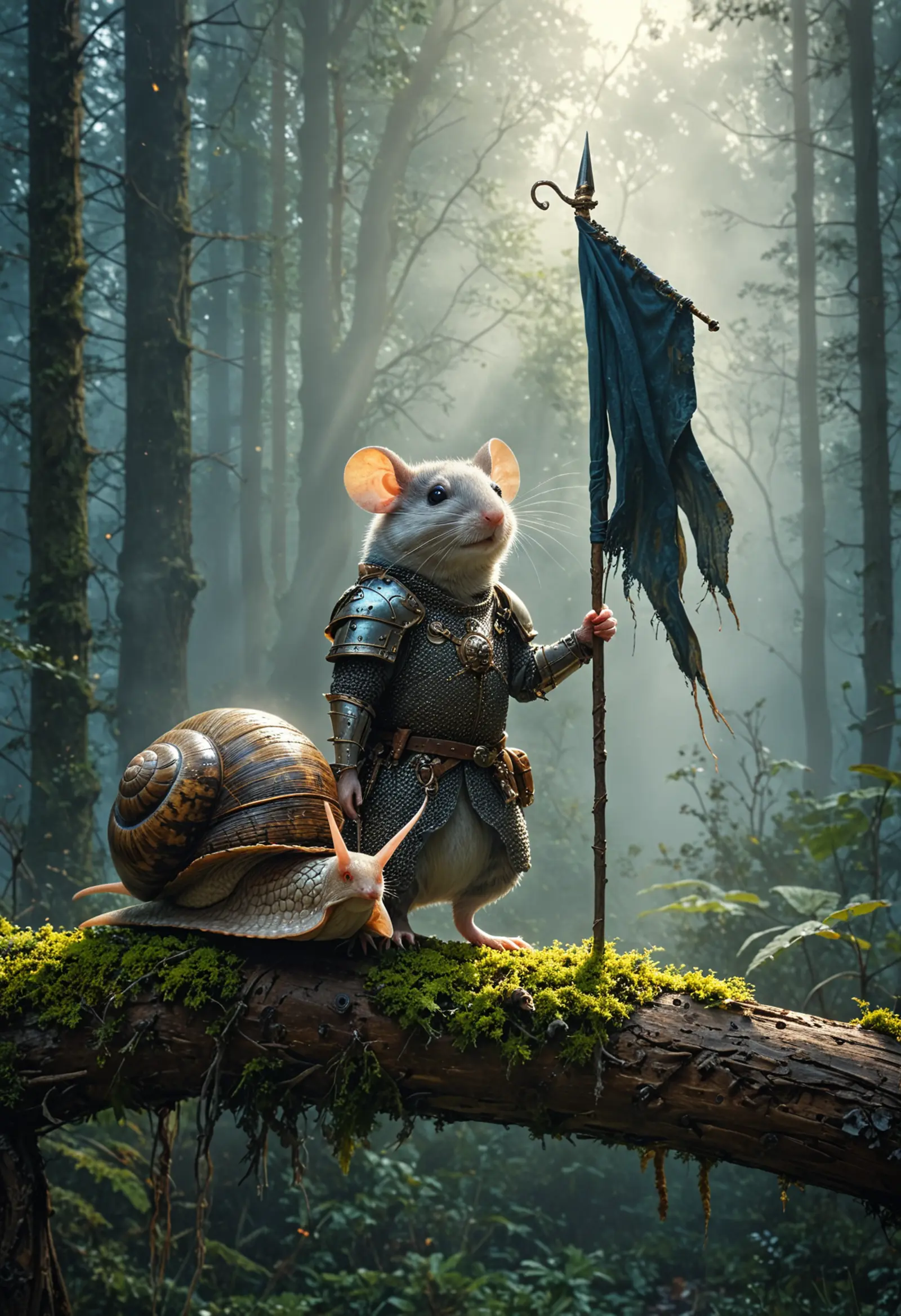 A mouse in medieval knight armor standing on a moss-covered branch in a forest setting. The mouse is holding a spear with a tattered blue flag, and beside it is a snail. The forest is dense with trees and the background is filled with soft sunlight filtering through the mist.