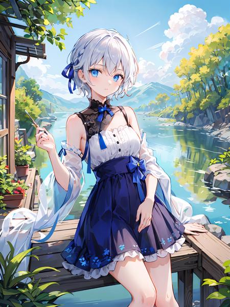 masterpiece,best quality,1girl,yanhe,(an extremely delicate and beautiful),short hair,white hair,<lora:yanhe-000006:1>,nature background,ribbon,outdoors,