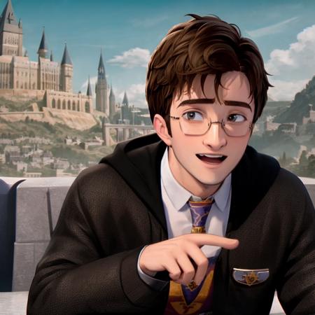 Daniel Radcliffe as Harry Potter, smiling, rounded glasses, detailed face, a castle in the background <lora:Spiderverse:0.9>