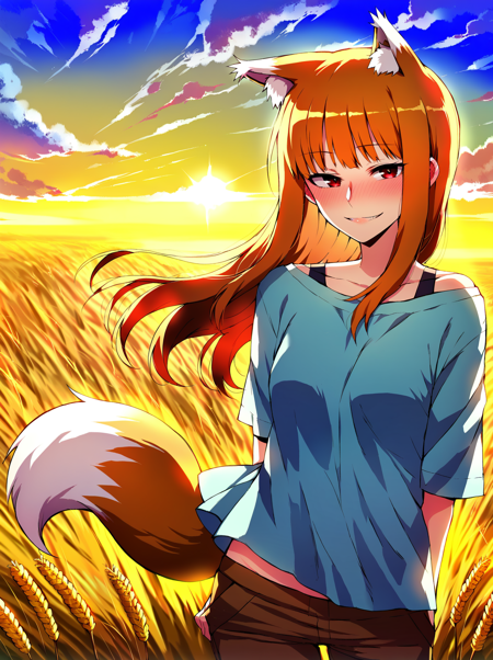 score_9, score_8_up, score_7_up, best quality, masterpiece, sfw, source_anime
BREAK
1girl, solo, holo \(spice and wolf\), cowboy shot, pants, shirt, wheat field, detailed background, blush, wolf tail, smile, evening
<lora:sd_xl_dpo_lora_v1:1> <lora:ratatatat74_pony_v1-000015:1>