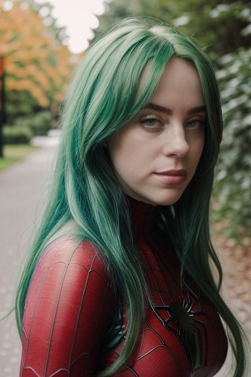 ( portrait photo) of (blsh:1.0), interested , wearing tight spiderman suit, HDR, (busty:1.1),  (green hair) , outdoors bac...