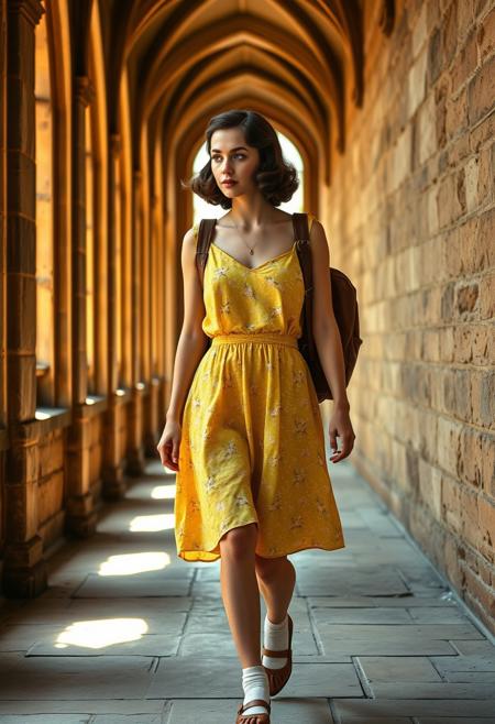 Suzi, a petite and graceful college student with pale blue eyes and a soft oval face, walks thoughtfully through the ancient stone halls of an old English university on a warm summer day. Her dark brown hair is styled in voluminous vintage waves, tucked just below the chin, with a soft shine and 1940s glamour. She wears a yellow sundress with a delicate floral print that flutters slightly as she walks. A worn brown leather backpack is slung over one shoulder. Sunlight streams through the tall arched windows along the corridor, casting warm golden tones and soft shadows across the stone floors and her dress. The scene captures a timeless academic elegance with cinematic depth and photorealistic beauty.
Suzi, illustrious model, 1940s wavy bob, vintage hairstyle, yellow floral sundress, Mary Jane shoes, white socks, leather backpack, gothic architecture, Oxford hallway, soft golden light, academic summer vibe, photorealistic, cinematic, warm tones, elegant lighting, 3/4 body, thighs up body