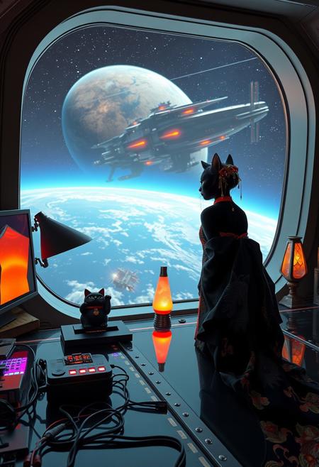 A sleek black cat with red collar sits on a cluttered metal riveted desk with transparent top and rgb led computer components visible inside, On the desk are a maneki neko statue and a lava lamp, the Black Cat is looking out of a seamless and futuristic floor to ceiling window that looks out at a planet from low orbit, (((a beautiful woman fully visible, 24 years old, is standing looking out the window, the woman is dressed in an ornate Japanese style futuristic formal gown (semi-risque) . An enormous deco-cyberpunk starship with futuristic lighting and an enormous space station are visible in the background among the stars, The woman's hair is pinned up with exquisite gold and jeweled chopsticks, and an artistic ribbon that contrasts perfectly with the gown. Artistic cyberpunk, dynamic perspective, (((overall architectural aesthetic is Art Deco Cyberpunk))).