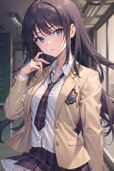 senaaoi, <lora:senaaoitest:1>,
sena aoi, long hair, blue eyes, black hair,
BREAK skirt, school uniform, jacket, necktie, plaid, plaid skirt, blazer, (brown blazer:1.2), (brown jacket:1.2),
BREAK looking at viewer,
BREAK indoors, classroom,
BREAK <lora:GoodHands-vanilla:1>, (masterpiece:1.2), best quality, high resolution, unity 8k wallpaper, (illustration:0.8), (beautiful detailed eyes:1.6), extremely detailed face, perfect lighting, extremely detailed CG, (perfect hands, perfect anatomy),