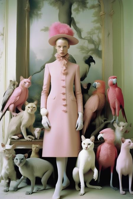 <lora:Tim Walker Style:1>Tim Walker Style - A full body white model with a chanel tailleur minimalistic beige dress holding several animals like a pink monkey, a pink parrot, a pink cats, a pink peacock inspired by Brazilian Candomble folclore xango in a old aristocratic barroc house photographed by Tim Walker, red and pink, creepy, evil, Black Magic, old aristocraty house, scary,, bizarre, extremely sharp image, extremely detailed, best quality possible, best definition possible, 8k