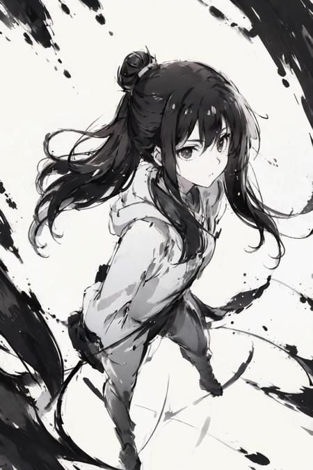 masterpiece, best quality,1girl,standing, black hair bun,cold face, full body, (front),monochrome, greyscale,mo,ink splash