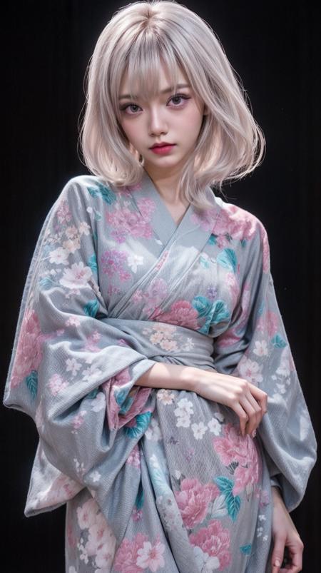 1girl, solo, kimono, japanese clothes, multicolored hair, black background, bangs, simple background, lips, looking at viewer, sash, blunt bangs, floral print, pink hair, closed mouth, grey eyes, standing, eyelashes, white hair, obi, cowboy shot, makeup, medium hair, print kimono, long sleeves, gradient hair, wide sleeves, pink lips, nose, watermark, two-tone hair