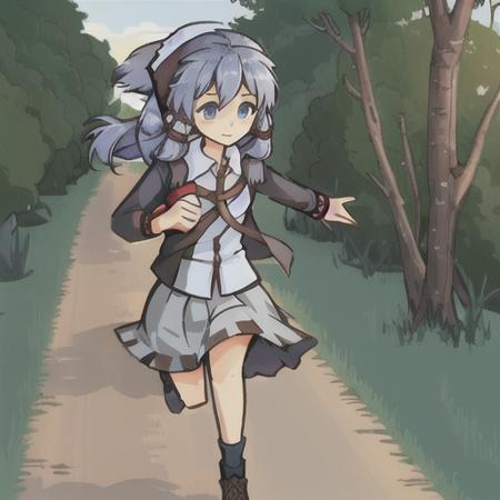 solo, magnolia, human, female, blue eyes, running, skirt, forest <lora:pk_magnolia_v2-000008:1>