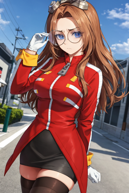 (masterpiece, best quality:1.2), eggmaam, looking at viewer, skirt, large breasts, scenery, thighhighs, gloves, long sleeves, holding, closed mouth, jacket, cowboy shot, glasses, black thighhighs, white gloves, hand up, black skirt, coat, frown, hair intakes, goggles, red jacket, zipper, pencil skirt, arm behind back, goggles on head, round eyewear, zipper pull tab, tinted eyewear, red coat, clipboard, blue-tinted eyewear