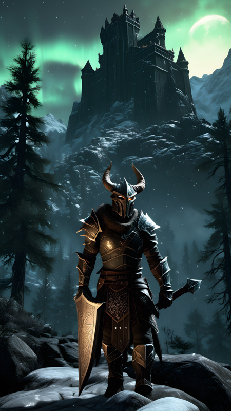 Imagine a captivating and atmospheric loading screen for a fantasy RPG set in the Skyrim universe. The scene captures the rugged beauty and mystical elements of this ancient, Nordic-inspired land.

Foreground Character: In the foreground stands a brave and battle-ready Dragonborn, clad in iconic Nordic armor made from leather and iron, with a horned helmet resting atop their head. They wield a legendary sword in one hand, its blade etched with ancient runes, and a shield bearing the emblem of a dragon in the other. The Dragonborn's intense gaze is fixed on the horizon, ready to face any challenge that comes their way.

Nordic Landscape Background: The background showcases a breathtaking and rugged Skyrim landscape, with towering, snow-capped mountains under a clear, starry night sky. A dense, misty forest stretches out below, with tall pine trees swaying gently in the wind. In the distance, a grand, ancient fortress perches on a rocky cliff, illuminated by the ethereal light of the aurora borealis dancing across the sky.

Action and Details: Various elements of Skyrim's world are depicted in the background. To the left, a group of fearsome Draugr emerge from an ancient crypt, their glowing eyes and decayed armor visible in the moonlight. To the right, a majestic dragon soars through the sky, its powerful wings creating gusts of wind that rustle the treetops below. The Dragonborn's companion, a loyal steed or a fellow adventurer, stands ready nearby, adding to the sense of camaraderie and adventure.

Atmosphere: The overall atmosphere is one of awe and mystery, with a sense of ancient magic and looming danger. The scene is filled with intricate details that bring the world of Skyrim to life, from the weathered stone of the fortress to the glowing runes on the Dragonborn's sword and the mystical light of the aurora borealis.

This loading screen immerses players in the epic and enchanting world of Skyrim, offering a glimpse into the thrilling adventures and mystical wonders that await