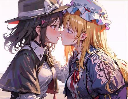 best quality, ultra high res, (photorealistic:1.4), 2girls, yuri, 
AND 2girls, usami renko, renko, school uniform, smile, standing, from side, kissing, close-up, <lora:renko:1>, black victorian hat, black capelet, white shirt, red tie, 
AND 2girls, maribel hearn, school uniform, frown, standing, from side, kissing, close-up,  <lora:maribel_hearn:0.7>, white soft hat, short wavy hair, blonde hair, purple dress, white collar,