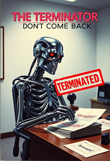 Create a fake B-Movie VHS cover art of a movie called (THE TERMINATOR: DON'T COME BACK) with the title written at the top in the famous Terminator font font, the cover features the iconic Terminator chrome skeleton robot with red glowing eye, but he is sitting behind a office desk in a clean minimalistic 70s office and is wearing ugly glasses as he stamps multiple application papers with a giant red stamp that leaves the word "Terminated!" stamped in red on the papers, the Terminator has one big speech bubble that says these exact words ("TERMINATED, TERMINATED") in Terminator font, dramatic lighting, the cover gives 80s vibes with slightly washed out colors and is despite its silliness very well rendered and extremely detailed.
