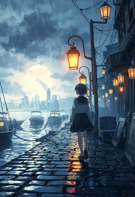 Vertical 9:16 cinematic anime scene, ultra-detailed 4K, in the style of “Weathering with You” key art: a lone girl in a drenched school uniform walking along an old cobblestone harbor quay lined with glowing lanterns; fishing boats tie up at the jetty; wet stones reflect lamp light and gentle rain; the distant city skyline is softly illuminated behind a veil of mist; feenstaub dust motes swirl in lantern glow; layered clouds recede into deep mist; volumetric moonbeams cut through drifting rain clouds; parallax-ready composition with lantern in crisp foreground, girl in sharp midground, harbor lights blurred in background; hyper-detailed watercolor cel shading, glossy wet textures, subtle bloom and film grain; magical, nostalgic depth