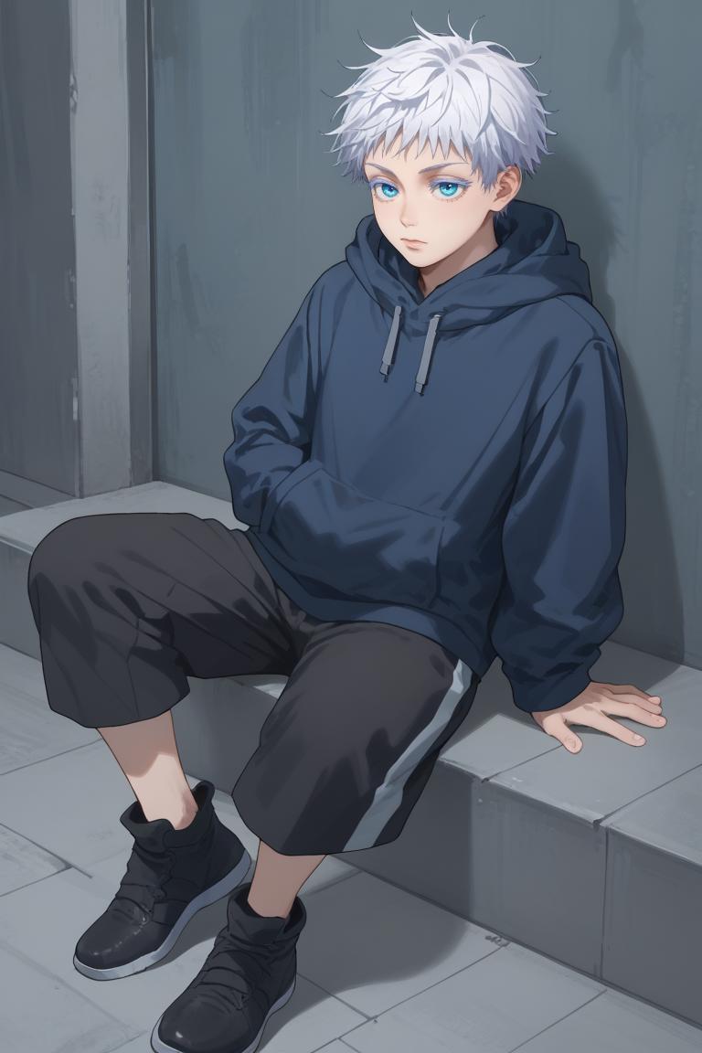 score_9, score_8_up, score_7_up, score_6_up, score_5_up, score_4_up, yg_gojo, white hair, blue eyes, 1boy, male focus, solo, hood, hoodie, short hair, shoes, hood down, long sleeves, black shorts, bangs, jacket, colored eyelashes