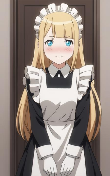  tuareninya blonde hair, long hair, blunt bangs, sidelock, turquoise eyes, small breasts maid, long sleeve, black long skirt, white frilled apron, headdress, white socks, shoes, white glove 