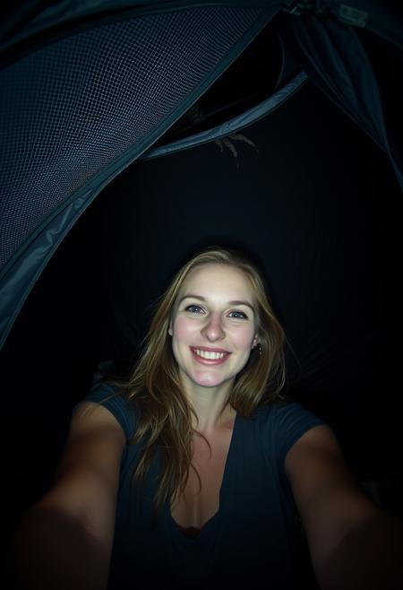 A woman taking a selfie inside a small modern tent at night. She is smiling for the camera and winking making a silly face. Behind her is the wall of the dark tent illuminated by the camera flash. In the top left of the image the sheer and partially see-through mesh of the tent is visible. A scary disturbing eerie creature of some sort is barely visible through the mesh in the top left of the image and is leaning over the outside of tent. The woman taking the selfie is oblivious to its presence.