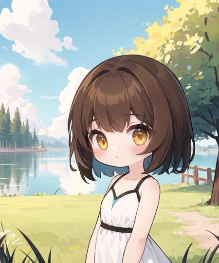 masterpiece, best quality, <lora:GT640V1:0.5>, chibi, 1girl, medium hair, brown hair, yellow eyes, looking at viewer, white dress, sleeveless, upper body, sky, clouds, tree, fence, grass, lake, sunlight