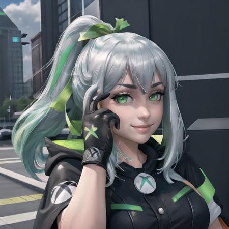 Highly detailed, High Quality, Masterpiece, beautiful, RollSafeMeme, <lora:RollSafeMeme:1>, 1girl, solo smile, xbox-chan, ponytail, green hair ribbon, cape, gloves, <lora:Char_Meme_Xboxchan:0.75>