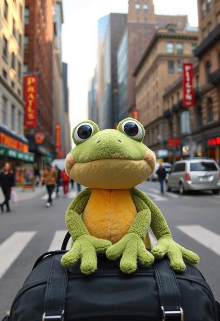 A soft cute , wise and cheerful stuffed frog named Freddy, happily arrives downtown in a big city looking for fun adventure with others