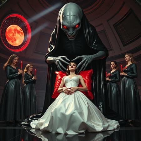 high-society elegant slender norvegian rich innocent young bride  kneeling  at weird red glossy foil pillow. She is ensnared by a towering, gray human-like alien, draped in a long, glossy wet-look black slime cloak, its eyes gleaming red with an otherworldly intensity.  its hands  ripping her corset. Its tentacles coiling her neck. Encased in light beam from the alien breeding chamber celling. Surrounded by strict ladies wearing glossy satin dominatrix attire, full skirts and glossy high heels,  holding red candles.   weird wet-look black slime  walls and floor, colossus observation blister to outer space full of stars, bright red moon, vintage-inspired makeup, long hairs, ultra thin waist, evil grin, porcelain skin, lipstick, red nails, in the style of a haunting, retro-futuristic 1950s sci-fi nightmare, horror, alien space base,,