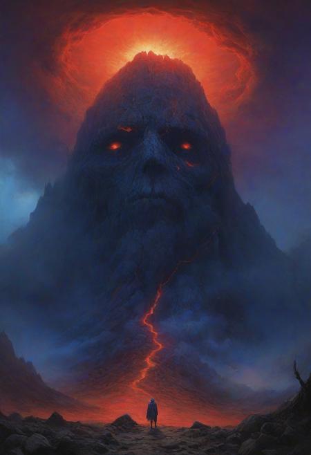 landscape, volcano, ash, gray stone, ghoul, halo, digital artwork by Beksinski, 18 years old,  vibrant colors, blue theme, red theme, purple theme, storm, eruption