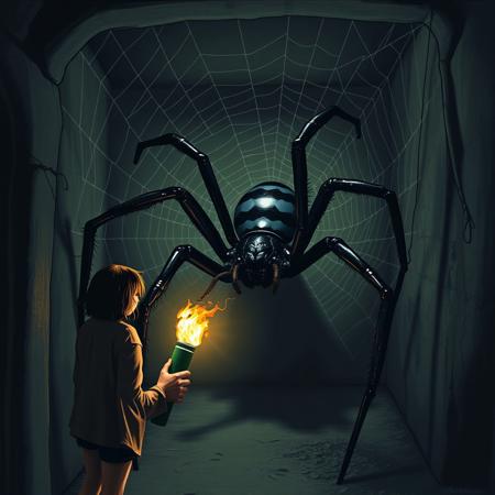 She guides the torch toward the corner, revealing a web-laden alcove. Suddenly, her eyes widen as she witnesses a massive black spider, the size of a car, perched ominously, its glossy body glinting in the torchlight, with legs sprawling grotesquely across the ground.