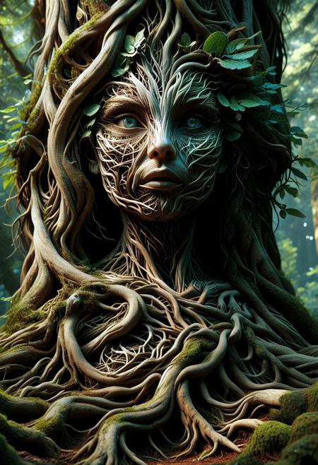 create an image with this prompt.   Create a hyper-realistic scene of a stunningly beautiful female dryad living in a redwood tree,  in 8K resolution with intricate, lifelike textures and fine details. The composition is rendered with photorealistic quality, using advanced lighting, shadows, and reflections to emphasize realism. Every element, from the subject to the background, is crafted with meticulous attention to detail, capturing natural depth, accurate proportions, and true-to-life materials. The atmosphere is immersive and visually arresting, highlighting realistic textures, subtle nuances, and dynamic elements like natural light or motion. The overall effect should feel stunningly lifelike, evoking realism in every aspect.Unreal Engine, photorealistic, hyperrealistic, and visually arresting. Rendered in 8K, hyperrealistic, with fine intricate details.