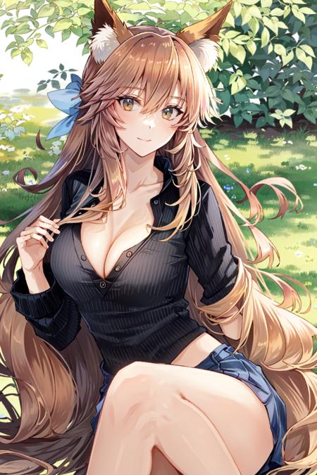 tamamo \(fate\), looking at viewer, light smile, outdoors, looking at viewer, casual, blue shirt, cleavage, breasts, medium breasts
<lora:kasumi_lycoris:1>