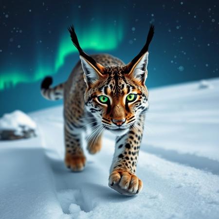 very realistic photograph close-up of a head lynx running in the snow,chasing a green alien ,northern lights on the night sky