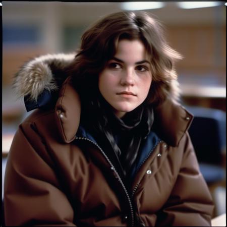 <lora:allysheedy_sdxl:1> allysheedy, candid photo of a teenage student, detailed skin,  wearing a winter jacket inside a class room, looking at the viewer, bounced lighting, (from above:.8),Hasselblad 500CM, film grain