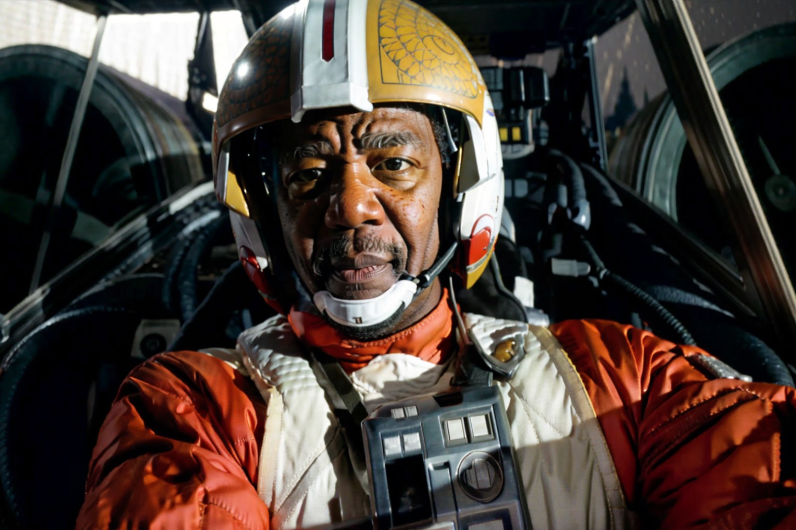cockpit view,,morgan freeman in rebel pilot suit,helmet,googles,concentrating<lora:RPSV3:0.8>