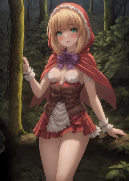 Masterpiece,best quality,(Highest picture quality),(Master's work),(ultra-detailed),{top quality},1girl,forest,night,small breasts, <lora:add_detail:0.6>,
<lora:Bridget_20230628164929:1>blonde hair,purple bow,red capelet,