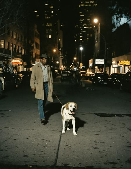 medium shot of a man casual dressed walking with a big dog  through the night NY, night city. wide angle, perspective, Kodak Vision3 500T Film Stock Footage Style, faded film, desaturated, 35mm photo, grainy, vignette, vintage, Kodachrome, Lomography, stained, highly detailed, found footage, side view