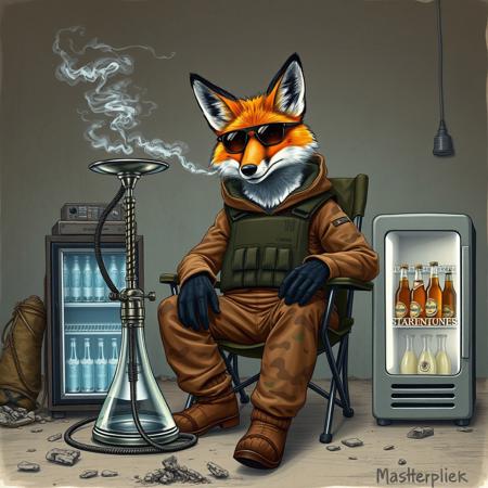 a humanoid fox in brown camouflage clothing and a bulletproof vest sits in a camping chair and smokes a tall hookah standing next to it on the floor, aviator sunglasses, a camping refrigerator with beer stands next to it, medium shot, full face, looking into the camera, not realistic, drawing, destroyed wall behind, normal-sized head, best quality, masterpiece, high detail
