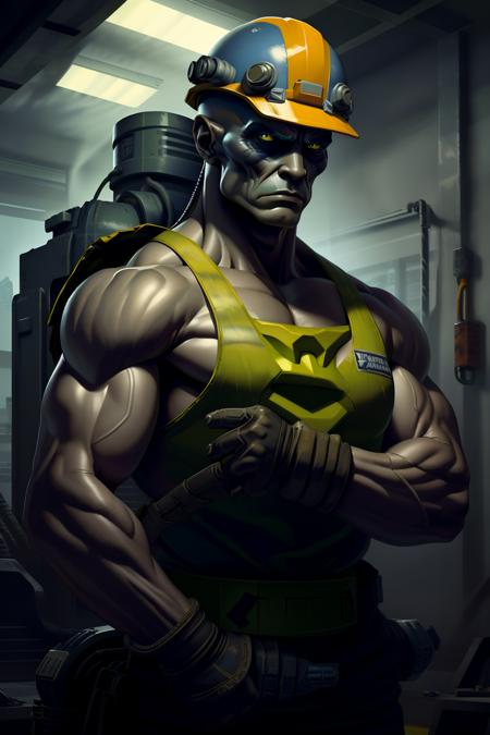 fantchar, a muscular space alien as an intimidating construction worker wearing a hard hat, arms crossed, artistic, intricate, highly detailed