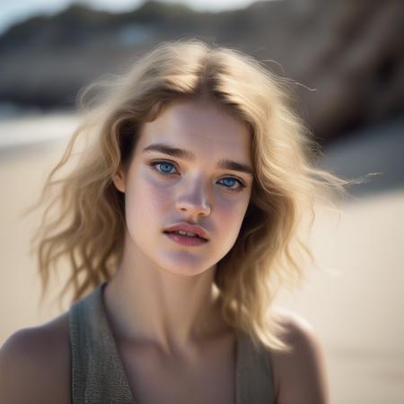 <lora:nataliavodianova_sdxlr:1> nataliavodianova, (sharp focus:1.2), photo, attractive  woman, (beautiful face:1.1), detailed eyes, luscious lips, (cat eye makeup:0.85), (large eyes:1.0), (toned body:1.2), (long hair:1.2), busty, wearing (romper:1.2) on a (beach:1.2).(arms behind head:1.2), (moody lighting:1.2), depth of field, bokeh, 4K, HDR. by (James C. Christensen:1.2|Jeremy Lipking:1.1), body freckles, beautiful eyes, beauty marks, sandy skin, sand on skin,